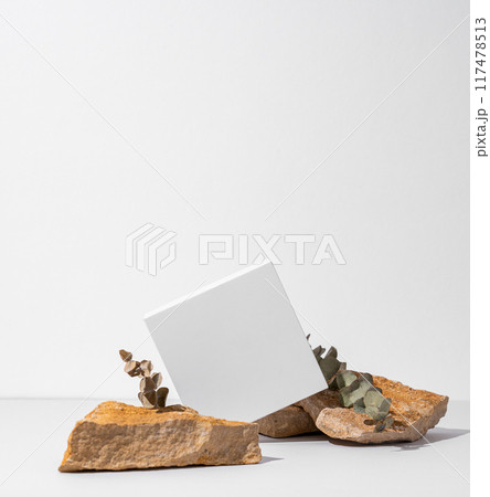 White empty box on texture stones with eucalyptus on light background with shadow. 117478513