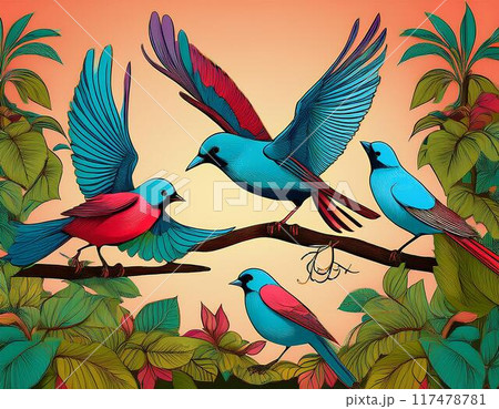 春のカラフルな小鳥のイラスト 117478781