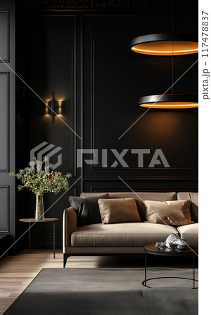 Black living room interior with sofa, minimalist interior background, 3d render 117478837