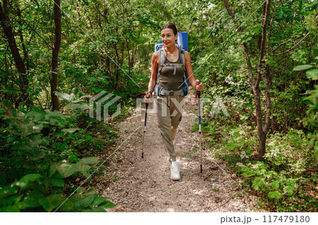 Embarking on a Thrilling Hiking Adventure in a Beautiful Lush Green Forest with a Backpack 117479180