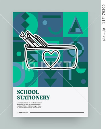 Line stationery. School education. Pencil bag. Abstract geometric shapes. Pen and marker for students writing. Studying supplies. College flyer. Shop brochure design. Brutalist design vector poster 117479300