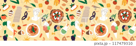 Italian food texture. Travel in Italy concept. Template for restaurant. Pizza and pasta cooking. Fresh tomato. Olive oil. Roman pattern. Ancient Pisa tower. National culture. Vector menu background Italian food texture. Travel in Italy concept. Template for restaurant. Pizza and pasta cooking. Fresh tomato. Olive oil. Roman pattern. Ancient Pisa tower. National culture. Vector menu background 117479310