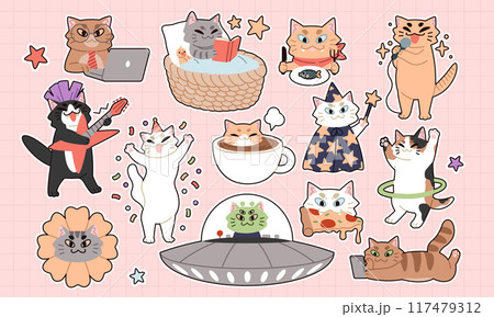 Funny cat sticker. Cute pet. Kitty sleeping. Cartoon character eating or working at laptop. Play in smartphone. Psychedelic UFO. Fluffy kitten alien party. Kawaii animal life. Vector feline icons set Funny cat sticker. Cute pet. Kitty sleeping. Cartoon character eating or working at laptop. Play in smartphone. Psychedelic UFO. Fluffy kitten alien party. Kawaii animal life. Vector feline icons set 117479312