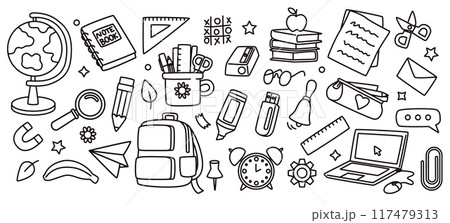 Cute school icon. Sticker education. Stationery, pen and pencil, craft tool, diary office notepads. Doodle drawn. Child pattern, student clipart, study accessories. Vector cartoon line illustration 117479313