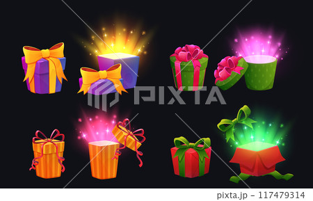 Gift box game. Magic cartoon present with ribbon, icon open glowing stars surprise, party bundle. Wrapped bonus, inside secret, prize set, chest cardboard, . Vector background birthday elements set 117479314