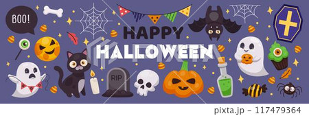 Halloween cute element. Cartoon fun icon, sticker for kid. Spider web, ghost, pumpkin. Graphic doodle childish party decorative isolated elements. Flat baby autumn holiday. Vector tidy illustration 117479364