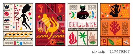 Art abstract poster. Modern doodle Matisse design. Paint pattern. Creative line texture. Graphic contemporary face. Hand drawn collage shapes. People body. Tropical flowers. Vector backgrounds set 117479367