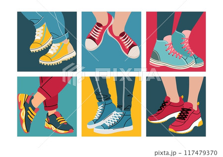 Shoe sneakers female. Foot design, fashion vintage man and girl colorful footwear. Art fitness cartoon retro sport shoes. Sketch hipster training clothes. Cards or posters. Vector doodle illustration 117479370