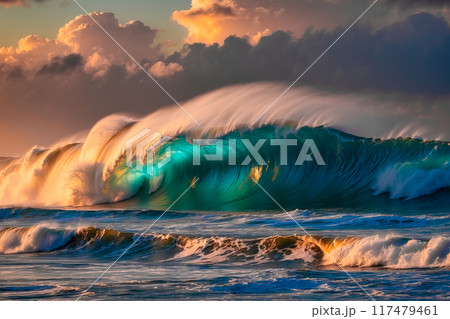 Colorful ocean wave. Sea water wave shape. Sunset light and beautiful clouds on beach background. AI Generated Colorful ocean wave. Sea water wave shape. Sunset light and beautiful clouds on beach background. AI Generated 117479461