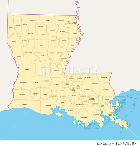 Louisiana, U.S. state, political map with borders and names of parishes. State in the Deep South and South Central regions of the United States, subdivided into 64 parishes. Nicknamed Pelican State. Louisiana, U.S. state, political map with borders and names of parishes. State in the Deep South and South Central regions of the United States, subdivided into 64 parishes. Nicknamed Pelican State. 117479597