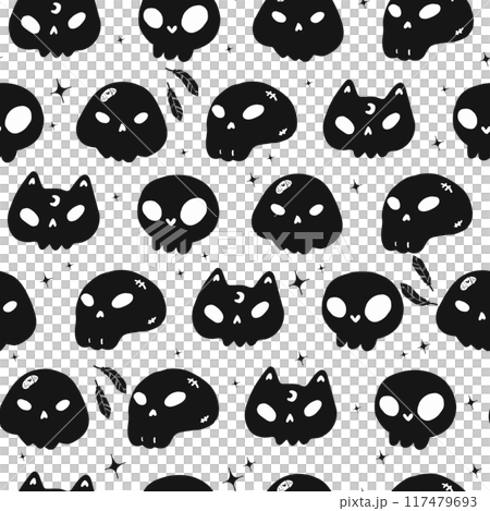 Cute Halloween Seamless Pattern Black Cat and Skull Doodle Drawing on White Background 117479693