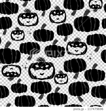 Cute Halloween Seamless Pattern Black Cat and Skull Doodle Drawing on White Background 117479696
