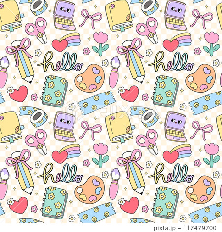 Retro School Supplies Pastel Pattern Seamless Repeating Doodle Design Back to School background Retro School Supplies Pastel Pattern Seamless Repeating Doodle Design Back to School background 117479700