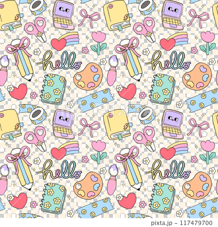 Retro School Supplies Pastel Pattern Seamless Repeating Doodle Design Back to School background Retro School Supplies Pastel Pattern Seamless Repeating Doodle Design Back to School background 117479700