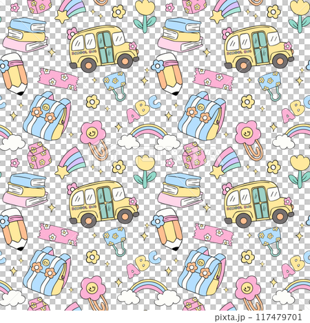 Retro School Supplies Pastel Pattern Seamless Repeating Doodle Design Back to School background 117479701