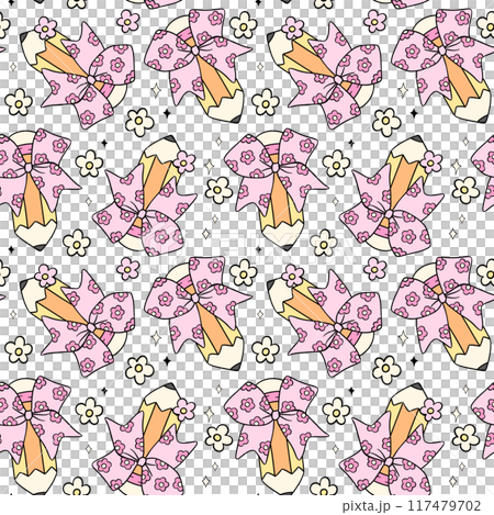 Groovy School Pencil with Bow Flower Power Retro School Seamless Pattern Groovy School Pencil with Bow Flower Power Retro School Seamless Pattern 117479702