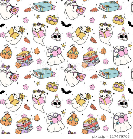 Groovy Girl Ghost Reading Book Halloween Seamless Pattern Playful Trendy Bookish Cartoon doodle 117479705