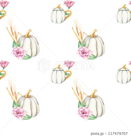 Watercolor Seamless Pattern with white pumpkin and pink flowers in pastel colors. Thanksgiving holiday background. Autumn Home Decorating decor on the white background. Fall harvest illustration 117479707