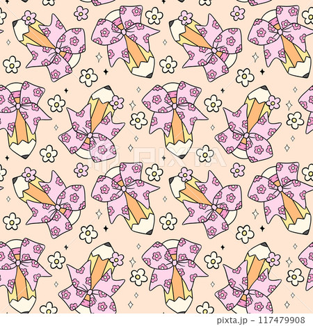 Groovy School Pencil with Bow Flower Power Retro School Seamless Pattern 117479908