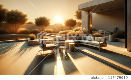 Modern outdoor living space at sunset. Minimalist outdoor patio, featuring furniture against a backdrop of minimalist landscaping Modern outdoor living space at sunset. Minimalist outdoor patio, featuring furniture against a backdrop of minimalist landscaping 117479910
