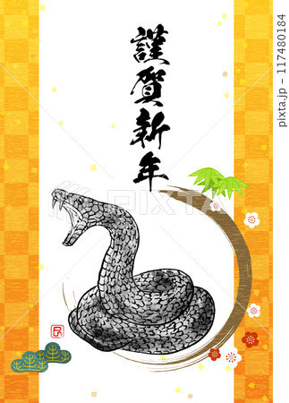 2025年巳年和風年賀状、水墨画風のとぐろを巻いて威嚇する蛇と松竹梅、和柄模様の背景 2025年巳年和風年賀状、水墨画風のとぐろを巻いて威嚇する蛇と松竹梅、和柄模様の背景 117480184