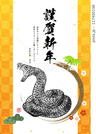 2025年巳年和風年賀状、水墨画風のとぐろを巻いて威嚇する蛇と松竹梅、和柄模様の背景 2025年巳年和風年賀状、水墨画風のとぐろを巻いて威嚇する蛇と松竹梅、和柄模様の背景 117480196