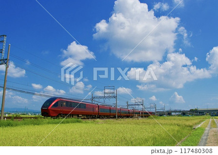 近鉄特急ひのとりが夏の風景の中を走る 117480308