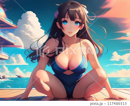 海にいる水着の美女アニメ 117480313