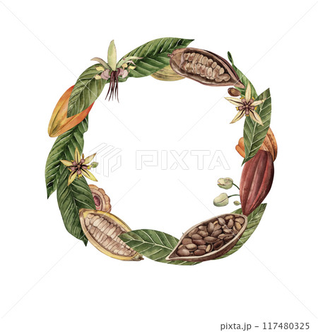 Watercolor round wreath with cocoa beans, leaves, flowers, grains. The illustration is hand-drawn on a white background. For printing and design postcards, invites, menus, packages, tableware, plates 117480325