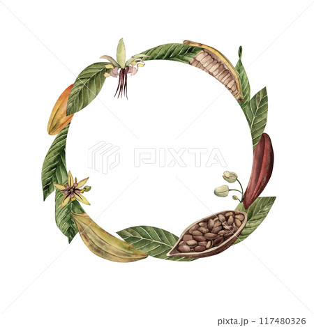 Watercolor round frame with cocoa beans, leaves, flowers, grains. The illustration is hand-drawn on a white background. For printing and design postcards, invites, menus, packages, tableware, plates 117480326