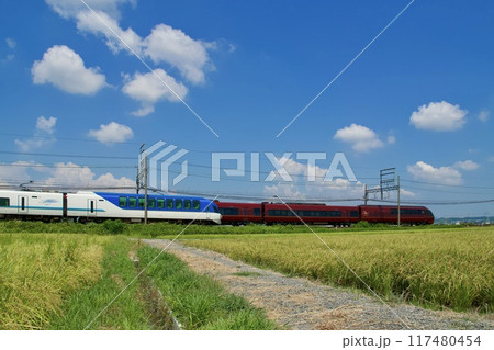 夏の入道雲を背景に走る、近鉄特急しまかぜとひのとり 117480454