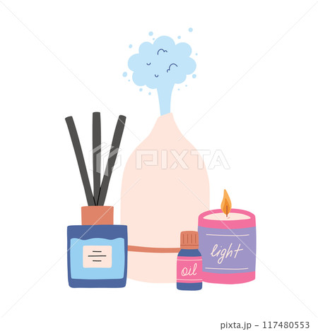 Vector illustration of aroma diffuser, candle and aroma oil. 117480553