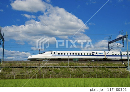 青空の下を走る新幹線N700A 117480591