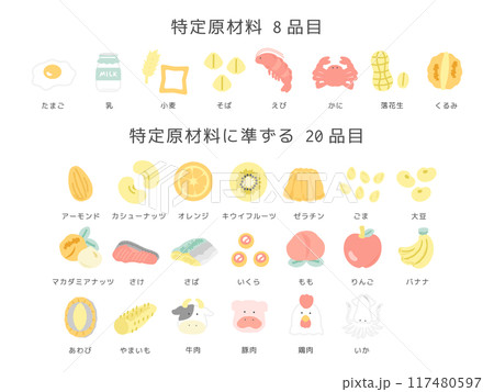 食物アレルギー特定原材料28品目　イラストセット 117480597