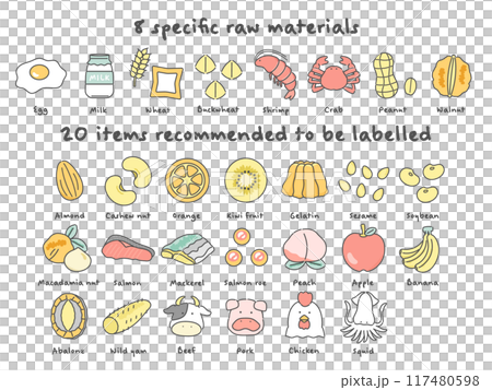 食物アレルギー特定原材料28品目　イラストセット 117480598