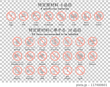 28 food allergy specific ingredients prohibited illustration set 117480601