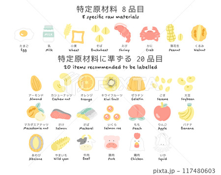 食物アレルギー特定原材料28品目 イラストセット 食物アレルギー特定原材料28品目 イラストセット 117480603
