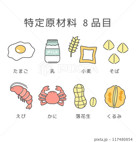 食物アレルギー特定原材料8品目　イラストセット 117480854