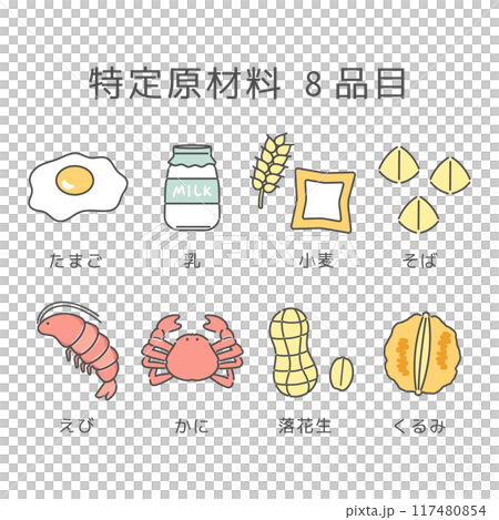 食物アレルギー特定原材料8品目　イラストセット 117480854