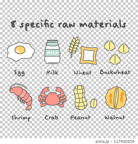 食物アレルギー特定原材料8品目 イラストセット 食物アレルギー特定原材料8品目 イラストセット 117480856