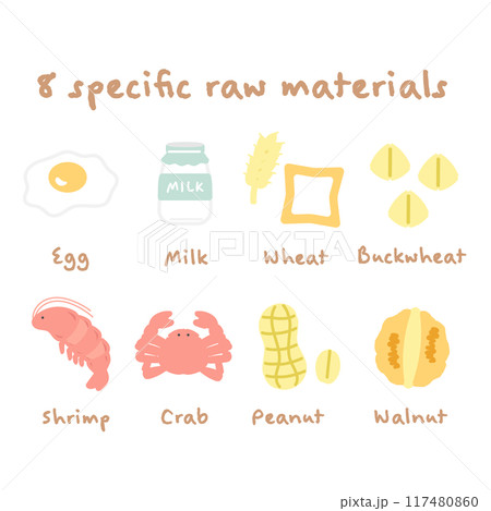 食物アレルギー特定原材料8品目　イラストセット 117480860