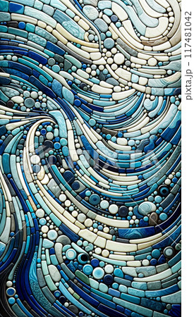 fluid, interconnected design of mosaic pieces arranged in a swirling and curving forms 117481042