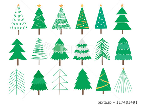 いろんなクリスマスツリーの手描きイラストセット2（カラー） 117481491