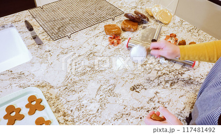 Using an adjustable rolling pin to roll out gingerbread cookie dough on the elegant marble counter in a modern kitchen, getting ready for festive holiday baking. Using an adjustable rolling pin to roll out gingerbread cookie dough on the elegant marble counter in a modern kitchen, getting ready for festive holiday baking. 117481492