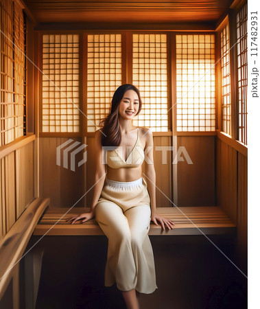 サウナを楽しむ若い女性のイメージ素材 117482931