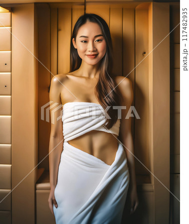 サウナを楽しむ若い女性のイメージ素材 117482935
