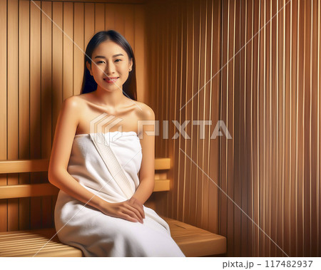 サウナを楽しむ若い女性のイメージ素材 117482937