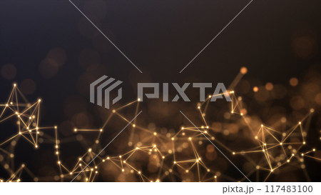 Abstract plexus background with glowing yellow and orange connecting lines and nodes. Full HD with smooth cycling. Festive, cozy, warm, scientific template. Network connection concept, LED garland,	 117483100