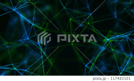 Abstract network connections in green blue color. Multicolored plexus effect black background. 4k neural networks, points connected by lines, move chaotically. Intersection triangles, polygons	 117483101