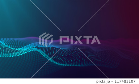 Digital blue pink waves. Wavy magenta turquoise gradient. 4k graphic landscape. Wavy space. Sci-fi microworld. Abstract data flow concept. Focused field with glowing HUD. Blue red background	 117483107